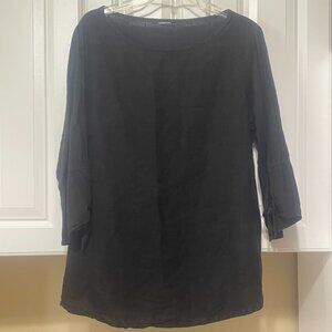 Black Linen Pullover Blouse Top 3/4 Flutter Sleeve